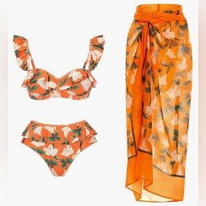 3Pieces Wrap Skirt Swim Top Tummy Control Bikin Bottom Mesh Sheer Cover Ups